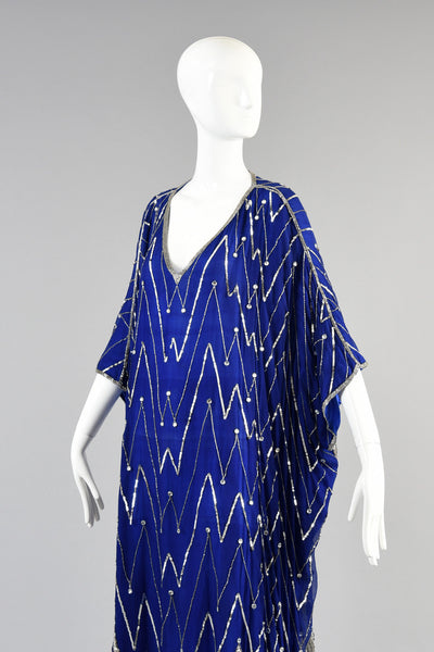Art Deco Inspired Lapis + Silver Sequined Silk Caftan