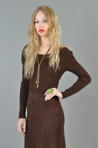 Chocolate Brown 1970s Metallic Knit Maxi Gown