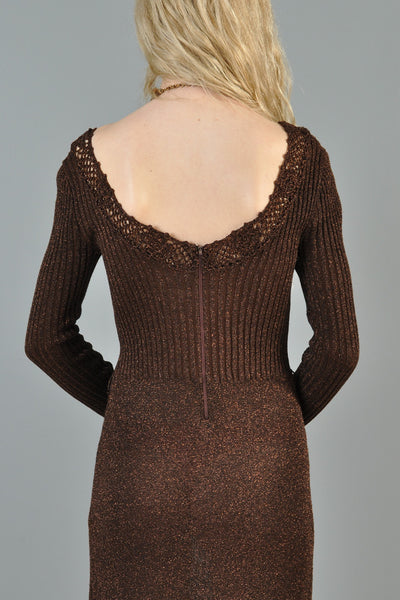Chocolate Brown 1970s Metallic Knit Maxi Gown