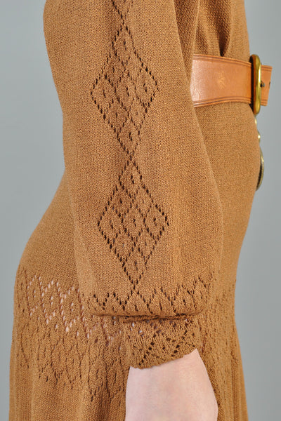 Toffee Colored 1970s Knit Bohemian Dress