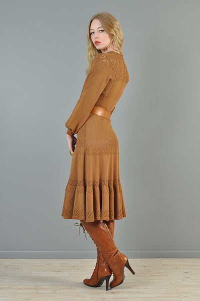 Toffee Colored 1970s Knit Bohemian Dress