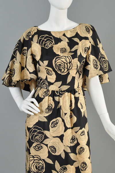 Vintage 1960s Christian Dior New York Rose Printed Silk Cape Dress