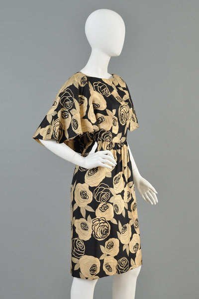 Vintage 1960s Christian Dior New York Rose Printed Silk Cape Dress