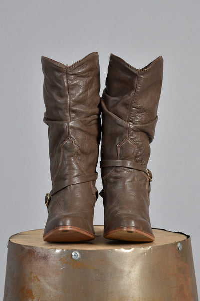 Cocoa Leather Boots w/Crossed Ankle Strap 8.5