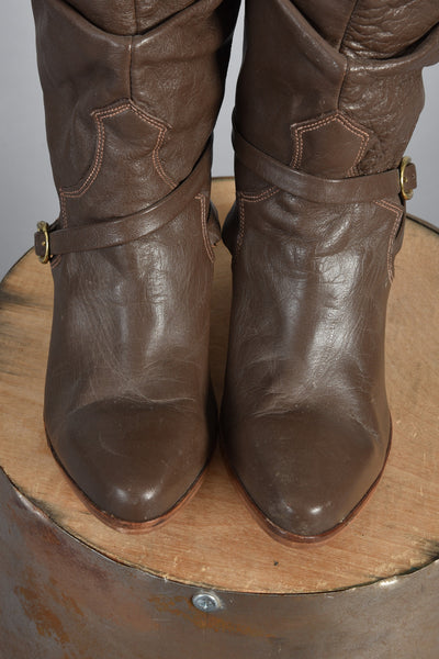 Cocoa Leather Boots w/Crossed Ankle Strap 8.5