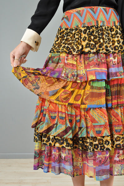 Complice Ethnic Tiered Chiffon Midi Skirt