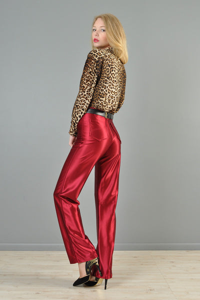 Crimson High-Waisted 1970s Trousers