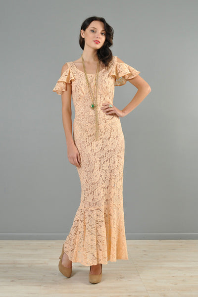 1930s Open Shoulder Blush Lace Gown