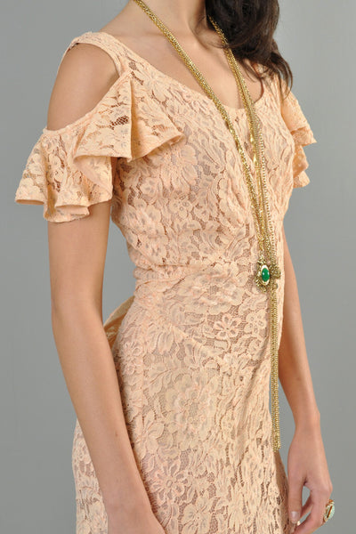 1930s Open Shoulder Blush Lace Gown