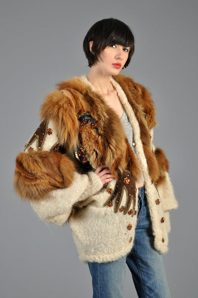 Avant Garde Batwing Fox Fur Sequin Knit Jacket