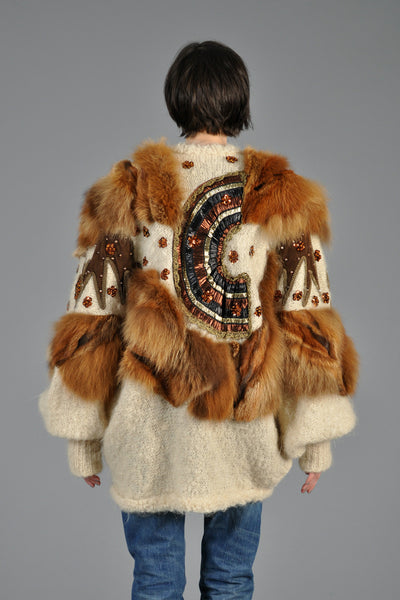 Avant Garde Batwing Fox Fur Sequin Knit Jacket