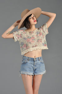 Watercolor Floral Crochet Crop Top with Fringe