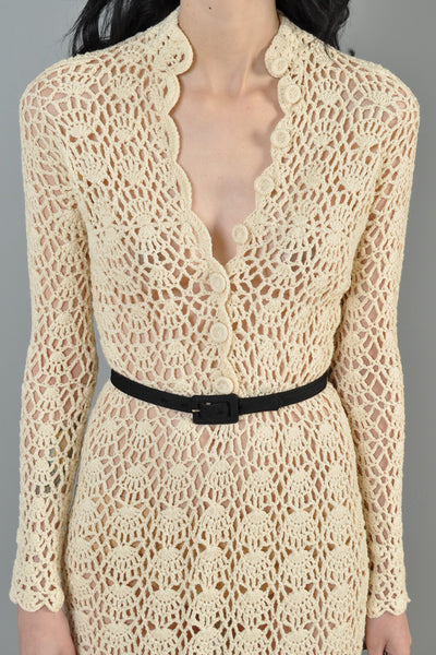 Hand Crocheted 1970s Plunging Neck Midi Dress