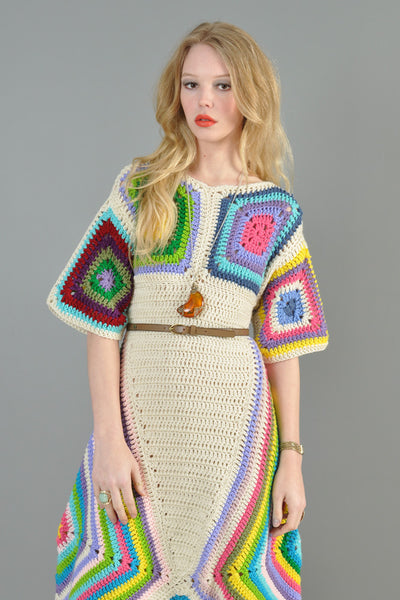 Rainbow Hand Crochet Scarf Hem Midi Dress
