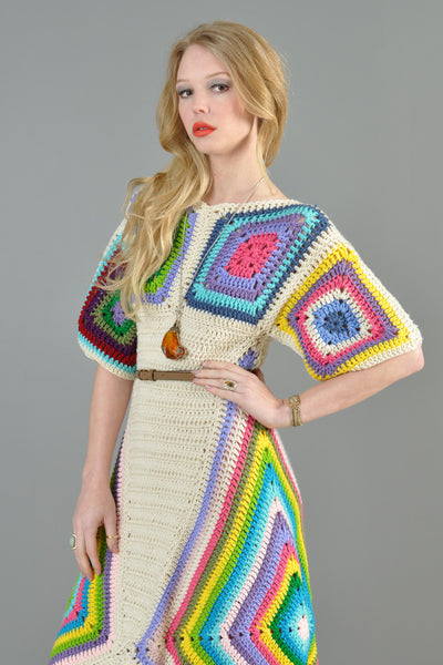 Rainbow Hand Crochet Scarf Hem Midi Dress