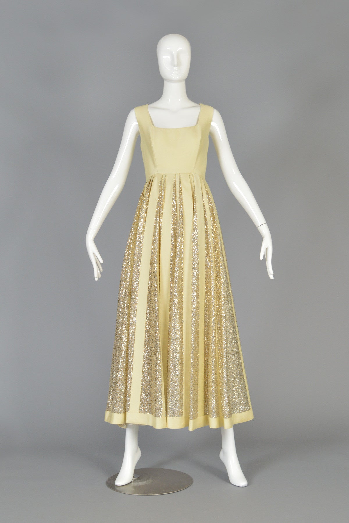 Elegant 1960s Shantung + Striped Sequins Evening Dress