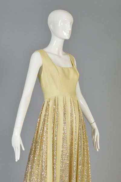 Elegant 1960s Shantung + Striped Sequins Evening Dress