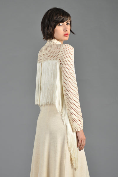 Open Weave 1970s Knit Midi Dress with Fringe