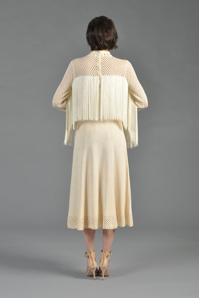 Open Weave 1970s Knit Midi Dress with Fringe