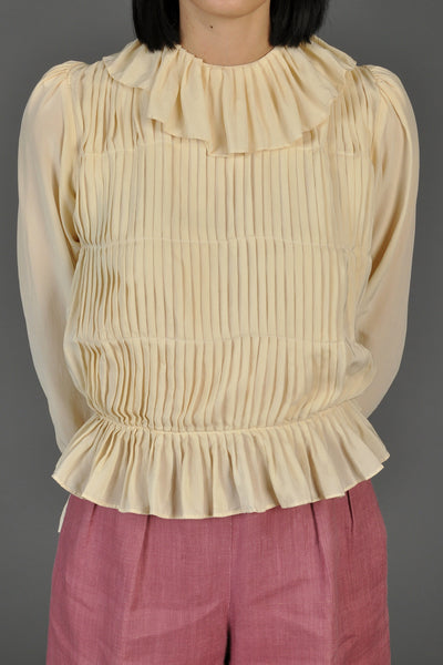 Ultra Pleated 1970s Silk Blouse w/Blouson Sleeves