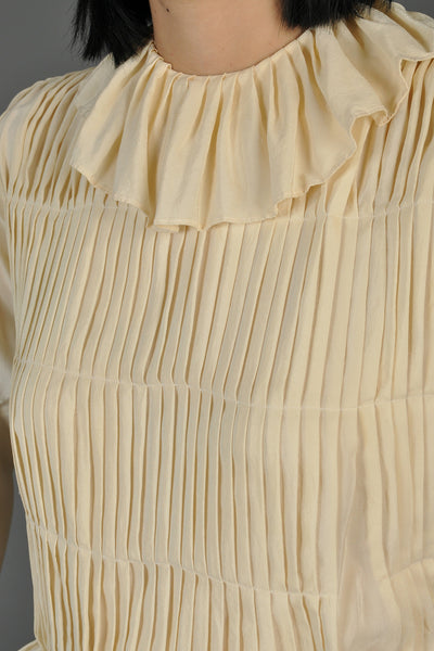 Ultra Pleated 1970s Silk Blouse w/Blouson Sleeves