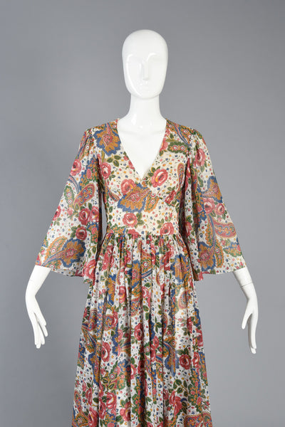 Romantic 1970s Gauzy Boho Maxi Dress w/Angel Sleeves