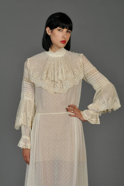 Sheer 1970s Victorian Inspired Gauze + Lace Dress