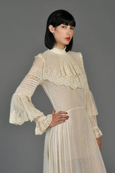 Sheer 1970s Victorian Inspired Gauze + Lace Dress