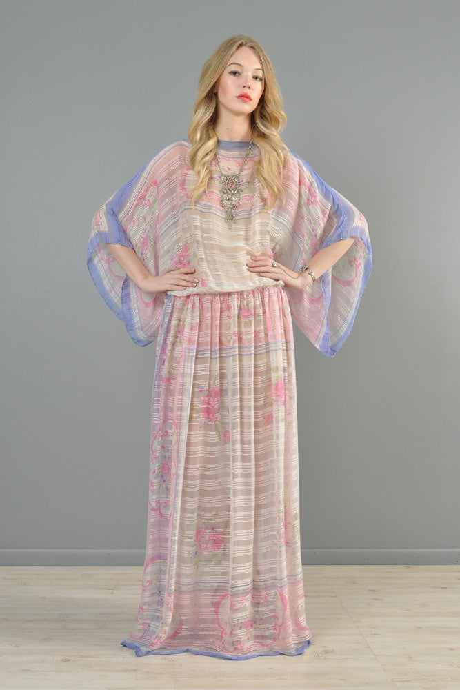 Romantic 1970s Sheer Silk Kimono Sleeved Evening Gown