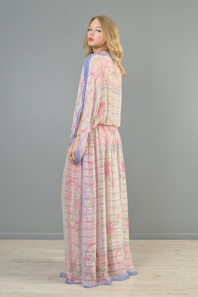 Romantic 1970s Sheer Silk Kimono Sleeved Evening Gown