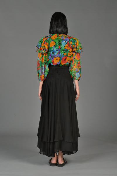 Diane Freis Ruffled + Beaded Silk Chiffon Maxi Dress