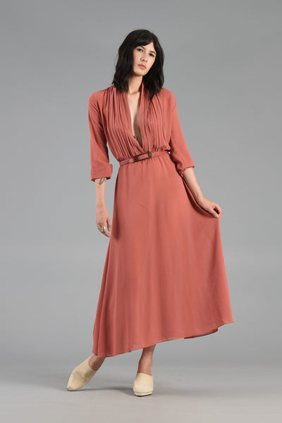 Stunning 70s Dusty Rose Maxi Dress w/Plunging Pleated Bodice