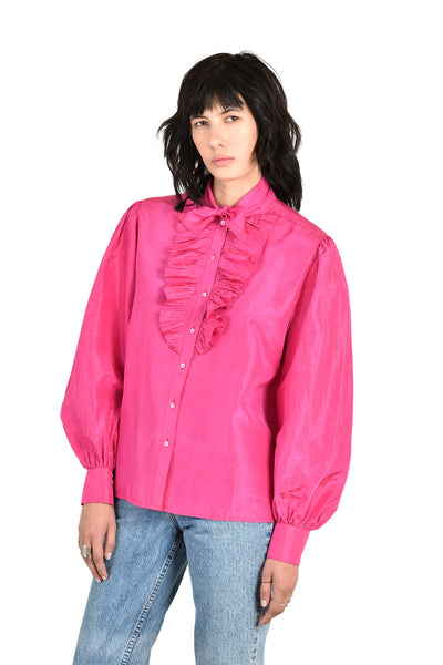 Escada Ultra Pink Ruffled Silk Tuxedo Blouse