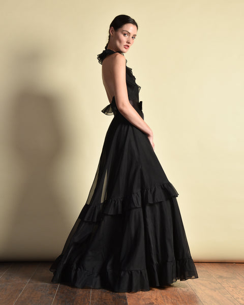 Frank Usher Backless 1970s Ruffled Evening Gown