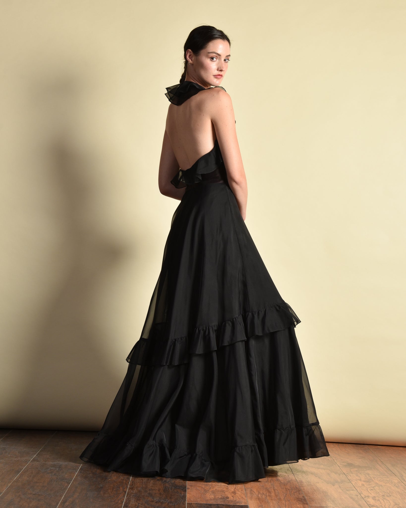 Frank Usher Backless 1970s Ruffled Evening Gown