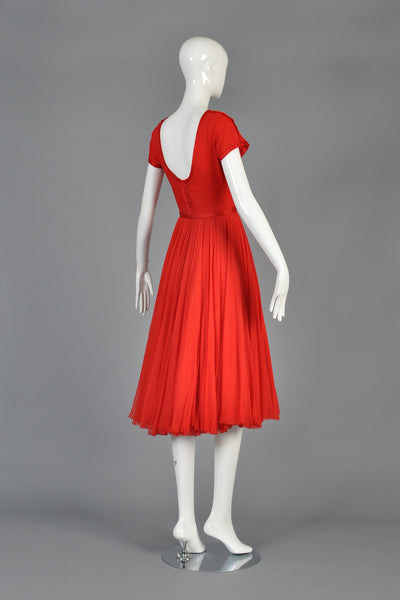 c 1951 James Galanos Cherry Red Silk Chiffon Party Dress