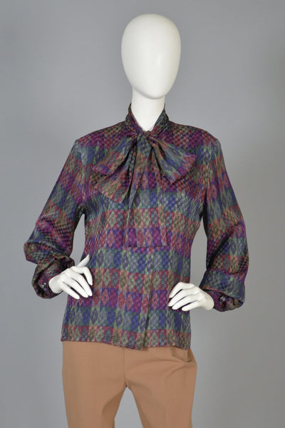 Vintage Givenchy 1970s Graphic Silk Blouse with Ascot
