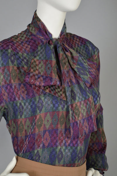 Vintage Givenchy 1970s Graphic Silk Blouse with Ascot