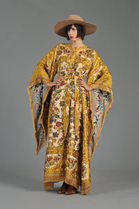 Embroidered 1970s Tapestry Caftan w/Angel Sleeves + Fringe