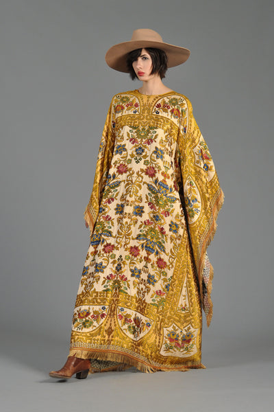 Embroidered 1970s Tapestry Caftan w/Angel Sleeves + Fringe