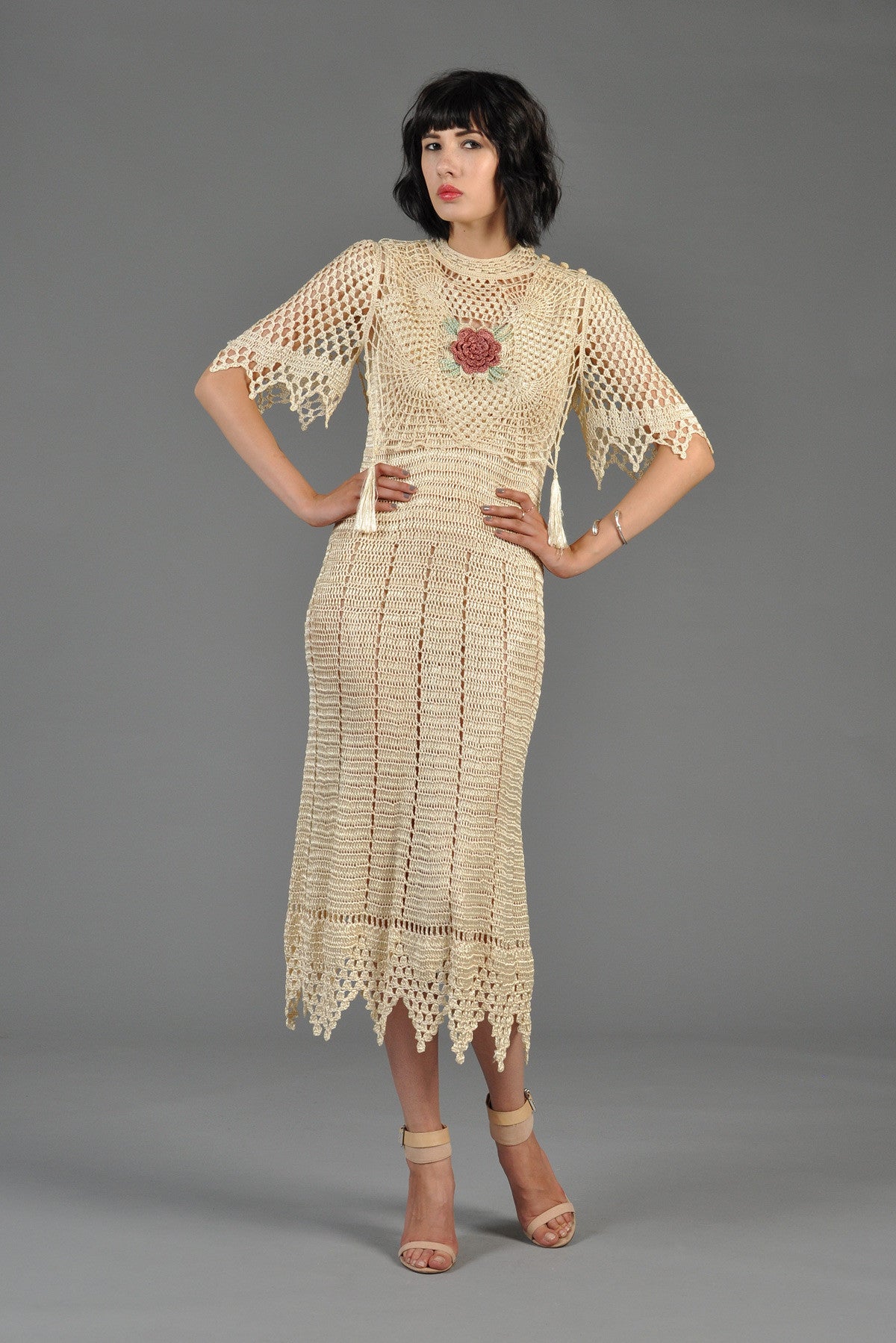 Crochet Midi Dress with Angel Sleeved Crop Top