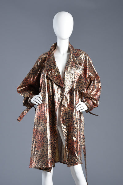 Metallic Lamé Avant Garde Leopard Print Trench Coat Dress