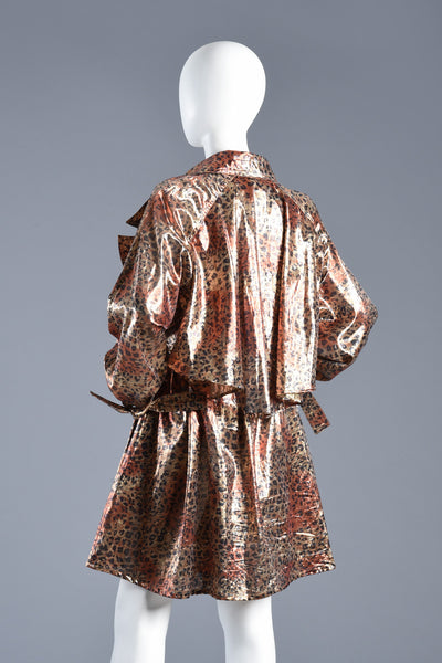 Metallic Lamé Avant Garde Leopard Print Trench Coat Dress