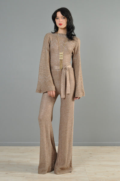 Metallic Knit 1970s Bell Bottom Jumpsuit with Flared Sleeves