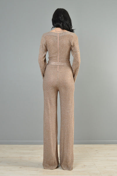 Metallic Knit 1970s Bell Bottom Jumpsuit with Flared Sleeves