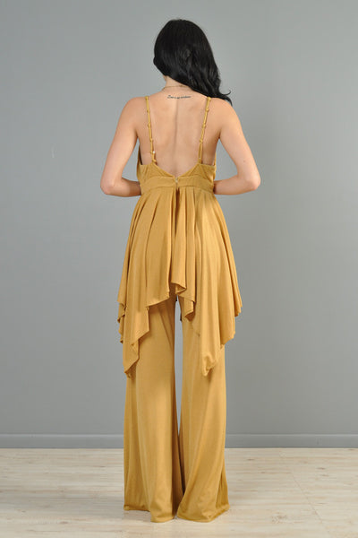 Goldenrod 1970s Plunging Draped Jumpsuit