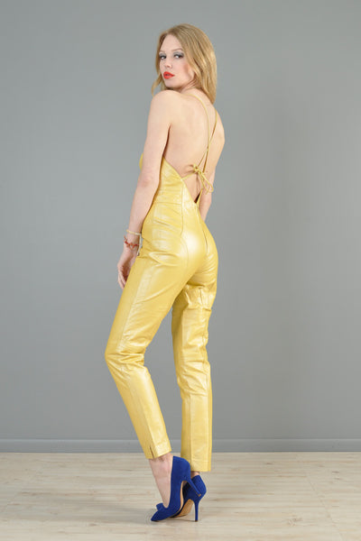 Backless Golden Leather Skinny Jumpsuit