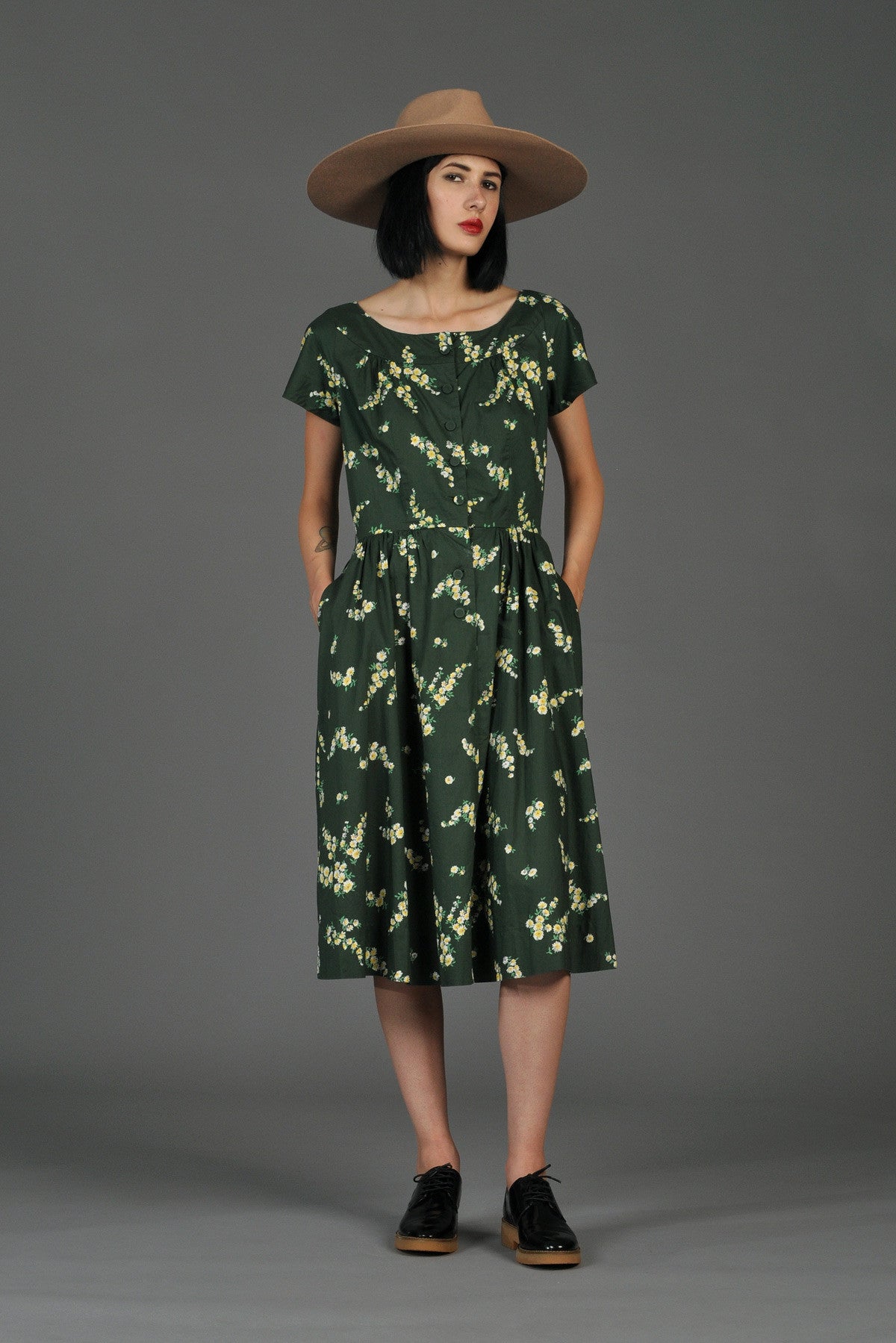 1950s Evergreen Cotton Floral Shirt Dress
