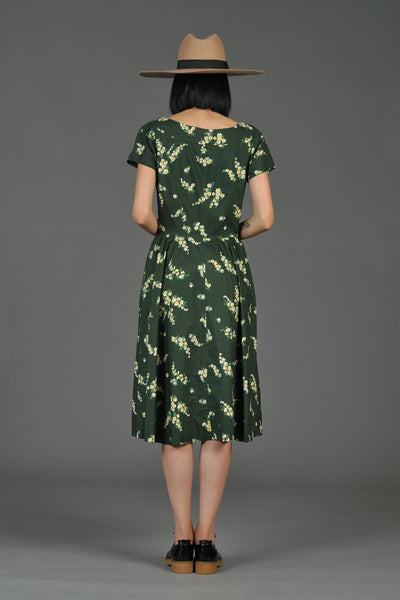 1950s Evergreen Cotton Floral Shirt Dress