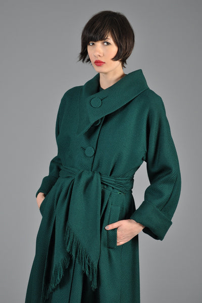 1950s Custom Green Princess Coat w/Fringed Sash